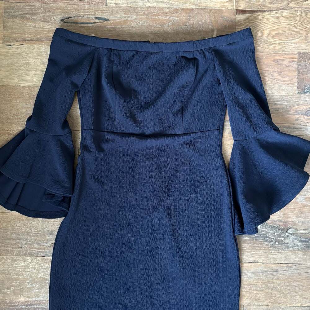 Off-the-Shoulder Navy Blue Bell Sleeve Mini Dress Size 11/12 - Picture 14 of 16
